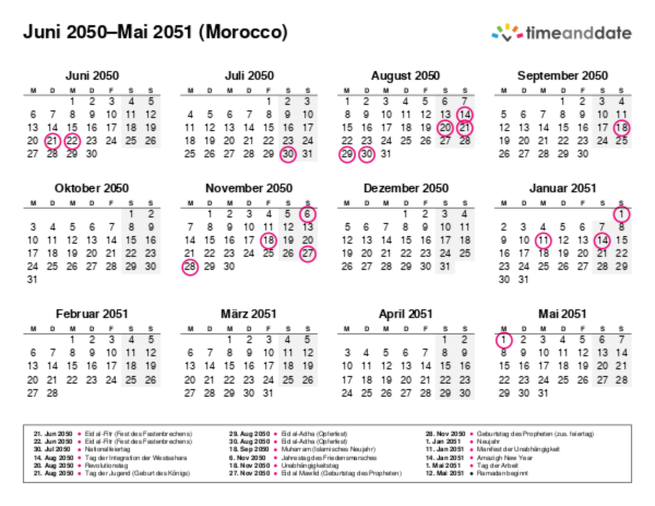 Kalender für 2050 in Morocco