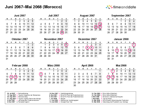 Kalender für 2067 in Morocco