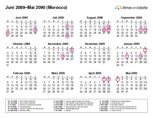 Kalender für 2089 in Morocco