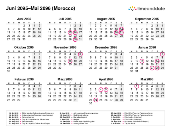 Kalender für 2095 in Morocco