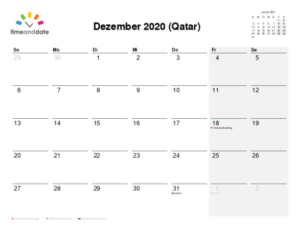 Kalender für 2020 in Qatar