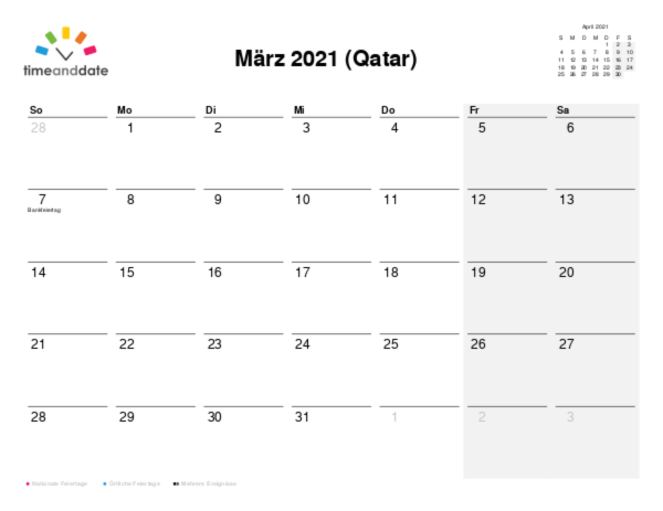 Kalender für 2021 in Qatar
