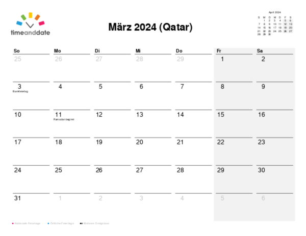 Kalender für 2024 in Qatar