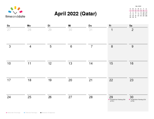 Kalender für 2022 in Qatar