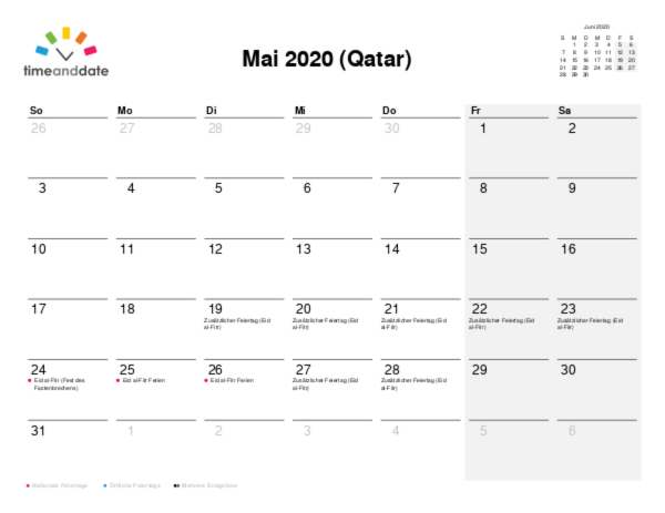 Kalender für 2020 in Qatar
