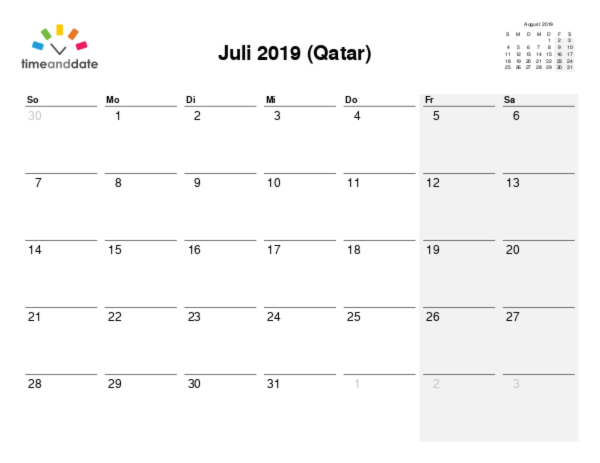 Kalender für 2019 in Qatar