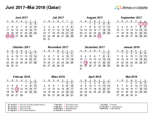 Kalender für 2017 in Qatar