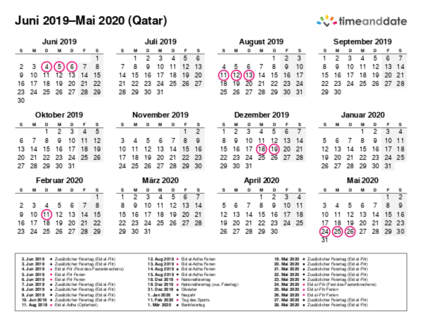 Kalender für 2019 in Qatar