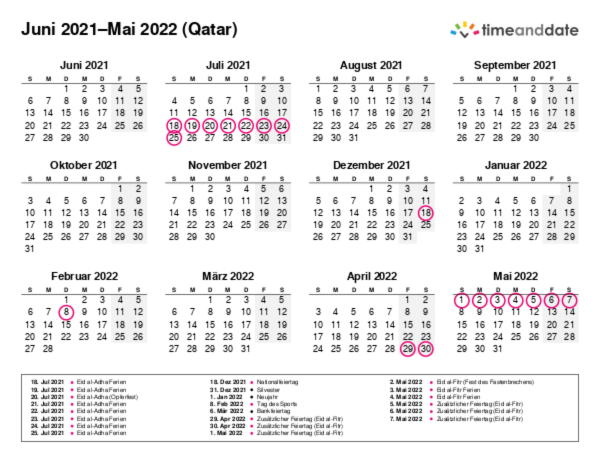 Kalender für 2021 in Qatar