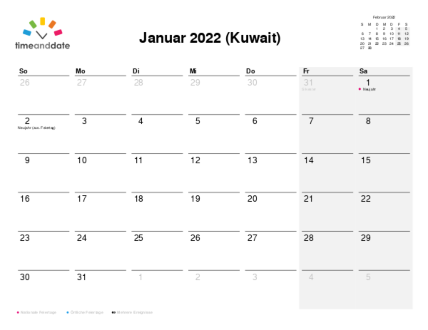 Kalender für 2022 in Kuwait