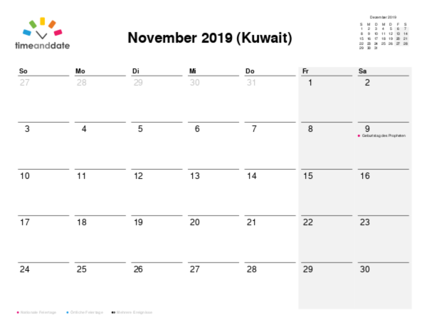 Kalender für 2019 in Kuwait