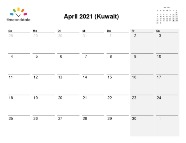 Kalender für 2021 in Kuwait