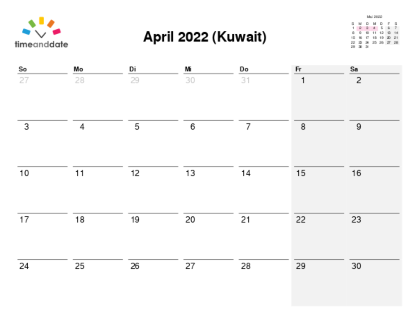 Kalender für 2022 in Kuwait