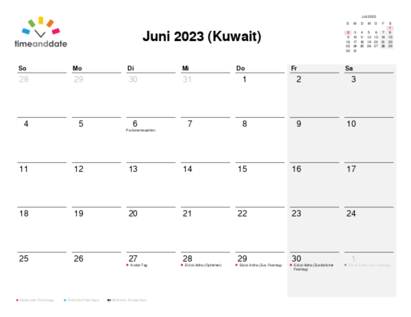 Kalender für 2023 in Kuwait