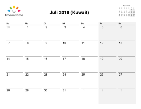 Kalender für 2019 in Kuwait