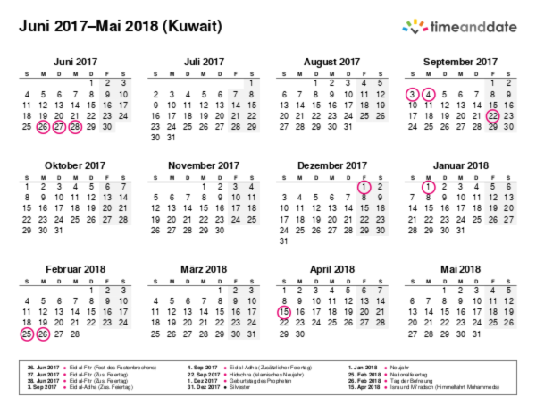 Kalender für 2017 in Kuwait
