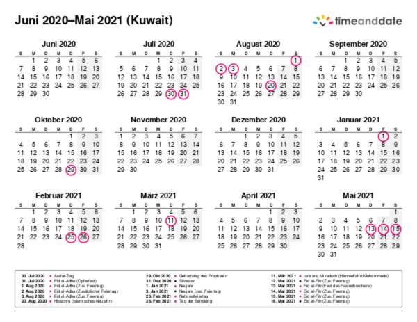 Kalender für 2020 in Kuwait
