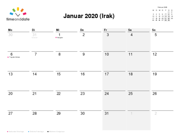 Kalender für 2020 in Irak