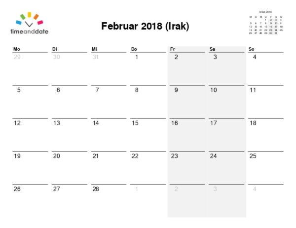 Kalender für 2018 in Irak