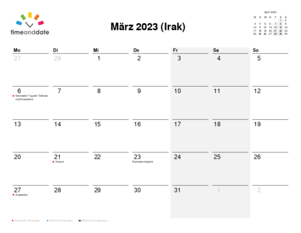 Kalender für 2023 in Irak