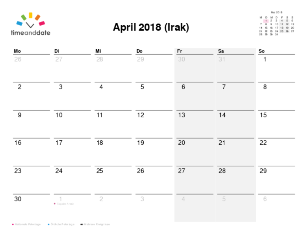 Kalender für 2018 in Irak