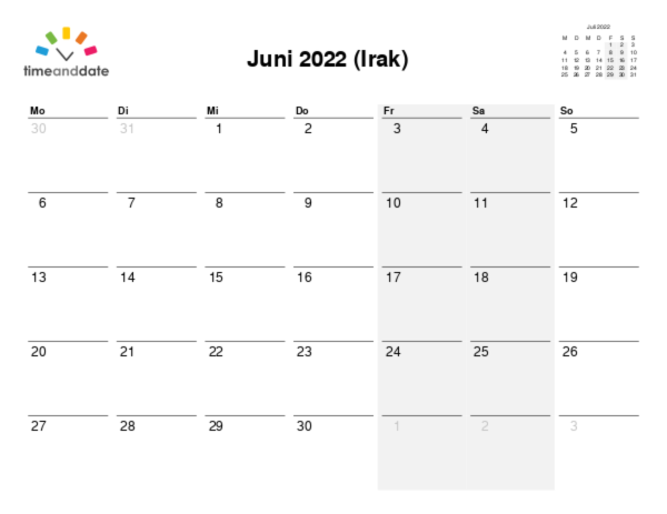 Kalender für 2022 in Irak
