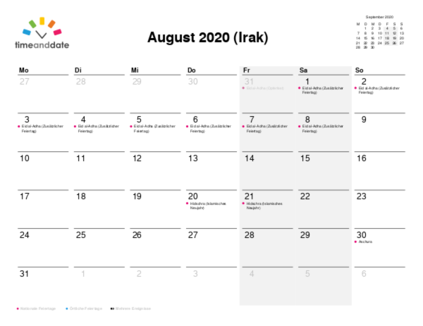 Kalender für 2020 in Irak