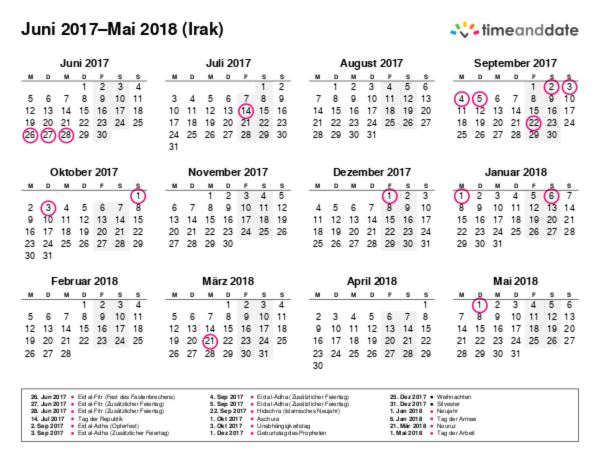 Kalender für 2017 in Irak