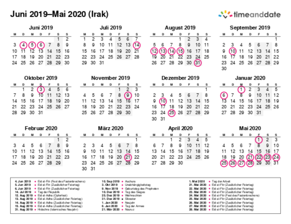 Kalender für 2019 in Irak