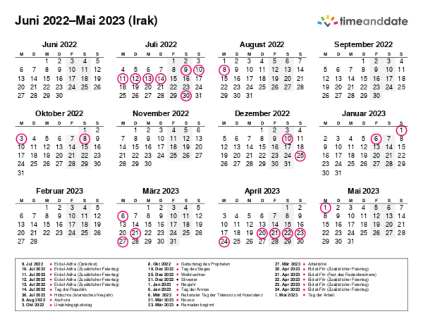 Kalender für 2022 in Irak