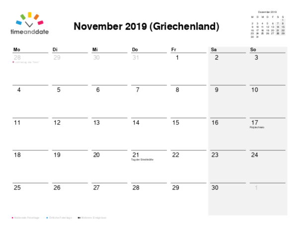 Kalender für 2019 in Griechenland