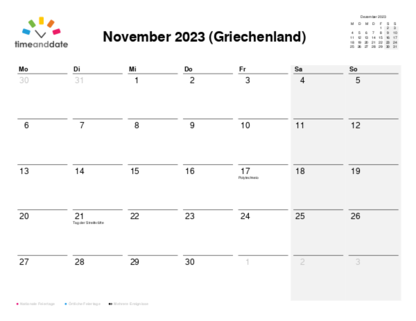 Kalender für 2023 in Griechenland