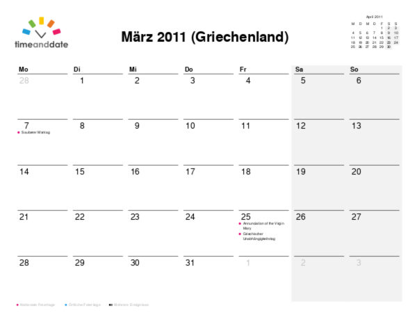 Kalender für 2011 in Griechenland