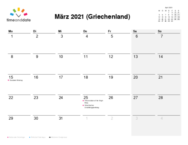Kalender für 2021 in Griechenland