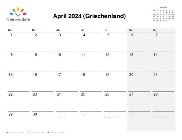 Kalender für 2024 in Griechenland