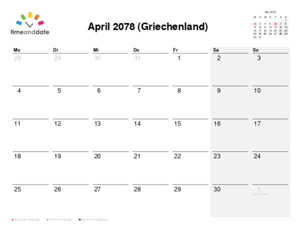 Kalender für 2078 in Griechenland