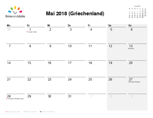 Kalender für 2018 in Griechenland