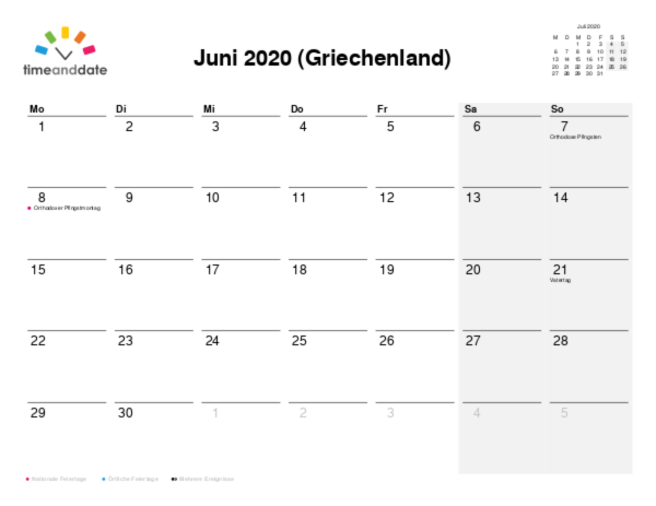 Kalender für 2020 in Griechenland