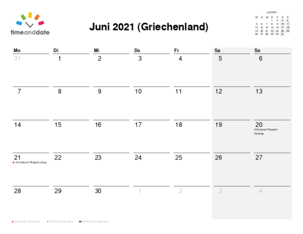 Kalender für 2021 in Griechenland