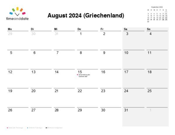 Kalender für 2024 in Griechenland
