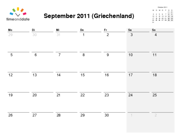 Kalender für 2011 in Griechenland