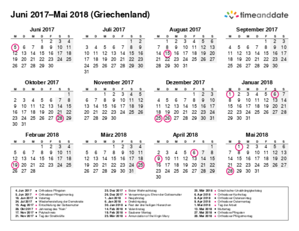 Kalender für 2017 in Griechenland