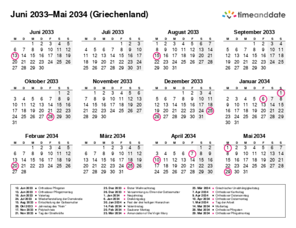 Kalender für 2033 in Griechenland