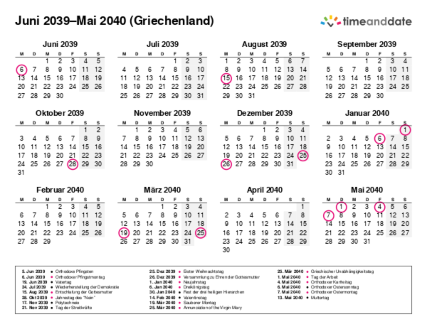 Kalender für 2039 in Griechenland