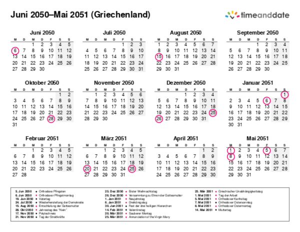 Kalender für 2050 in Griechenland