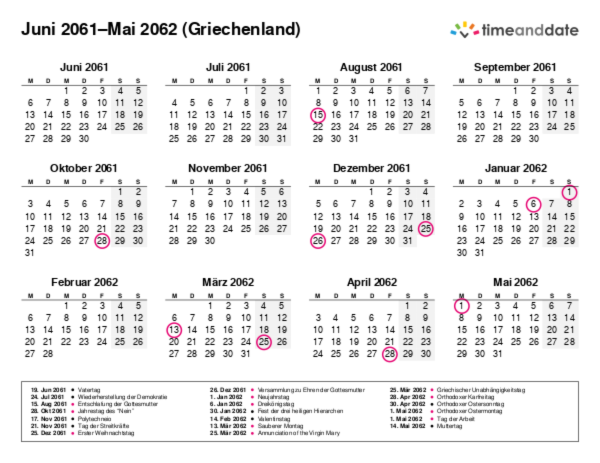 Kalender für 2061 in Griechenland