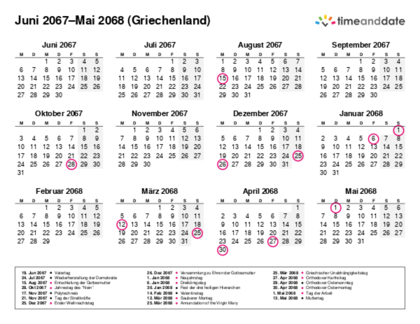 Kalender für 2067 in Griechenland