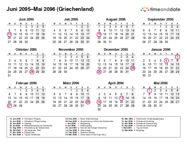 Kalender für 2095 in Griechenland