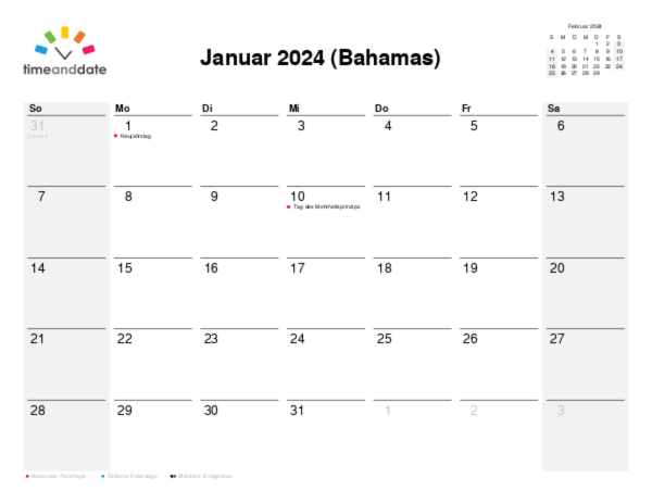 Kalender für 2024 in Bahamas