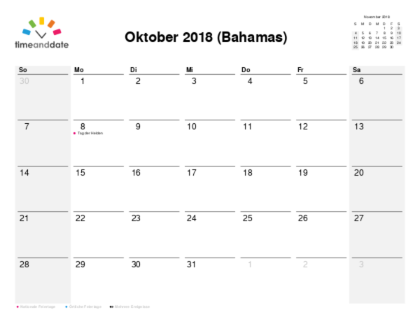 Kalender für 2018 in Bahamas